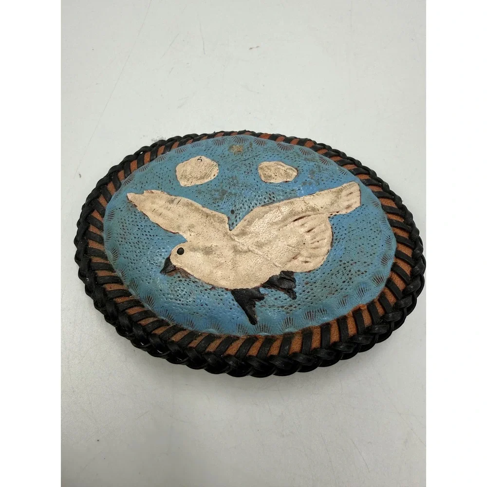Vintage Hand Painted Leather Bird Belt Buckle Western Boho Braided Whipstitch